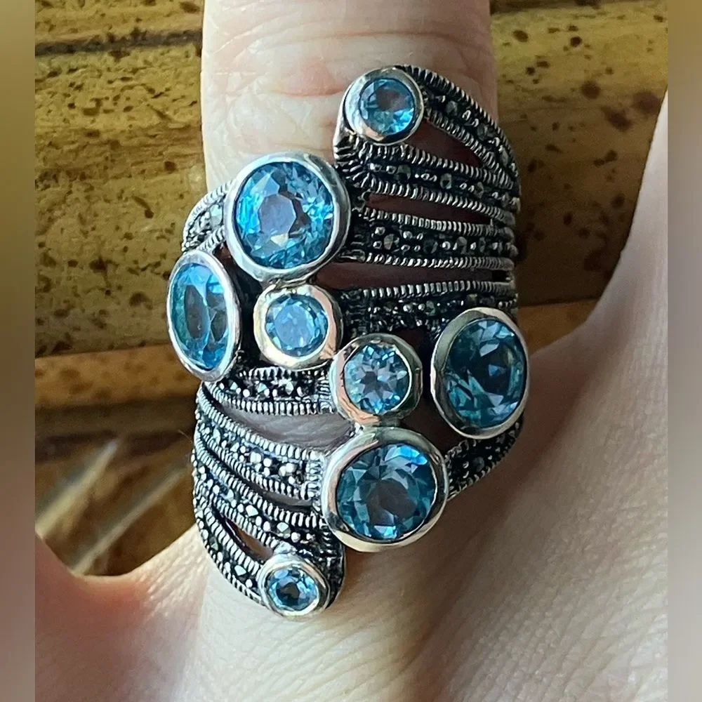 Swiss Blue Topaz Marcasite Sterling Silver Bubble Ring Size 6